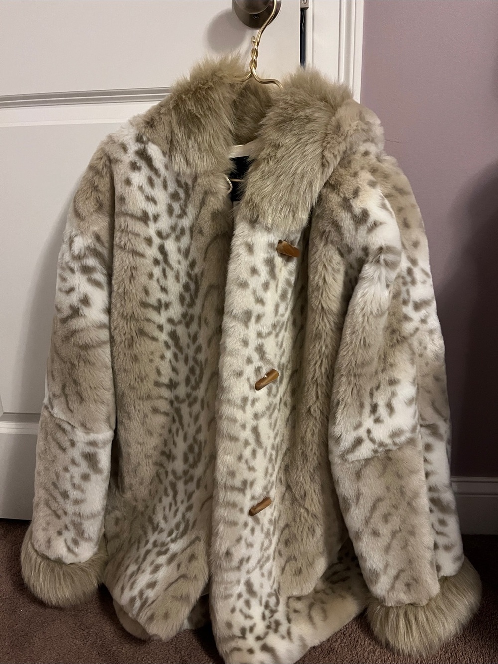 Tally Ho Cream and Beige Faux Fur Leopard-Print Coat